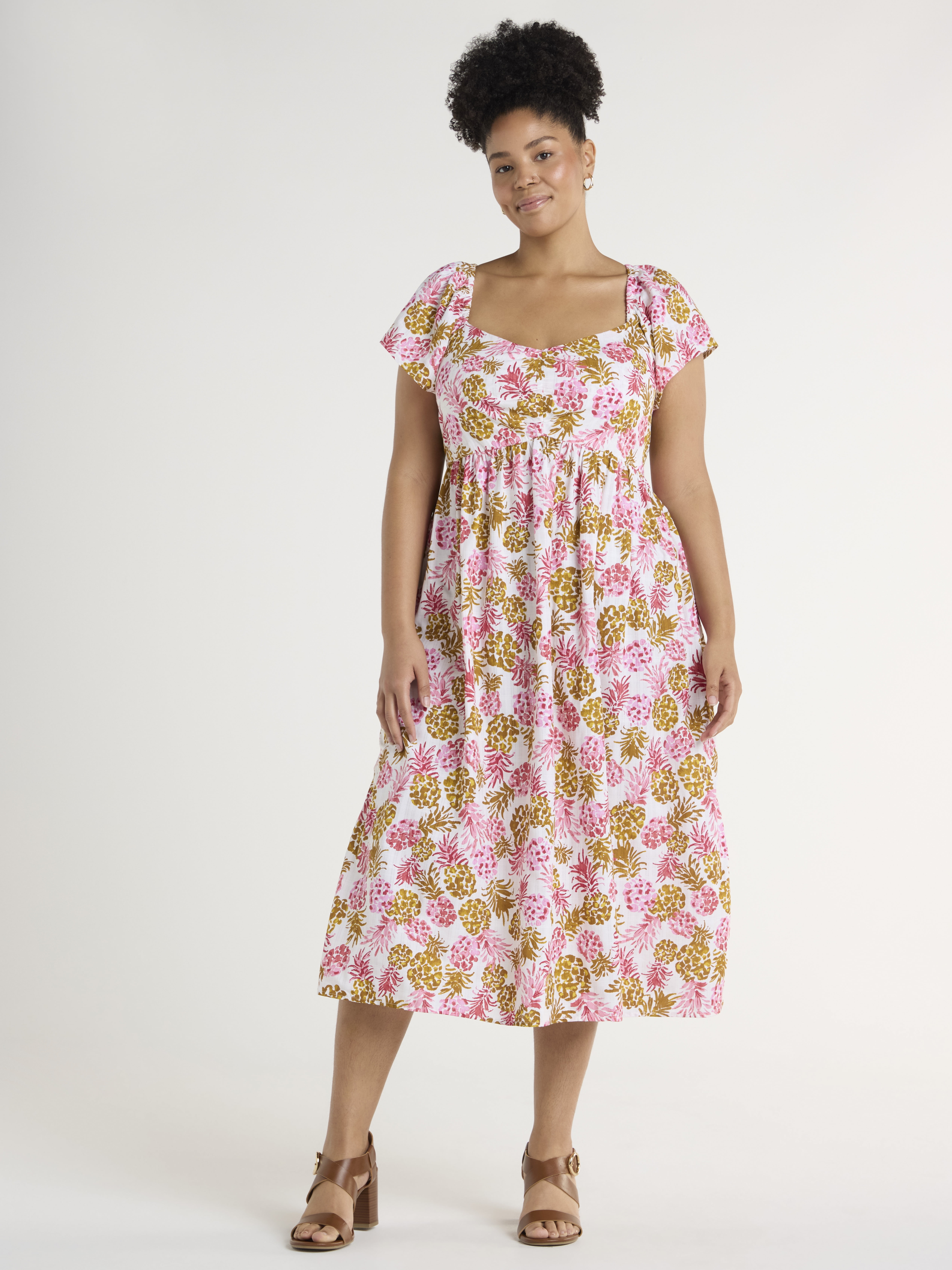Time And Tru Women's Midi Dress with Flutter Sleeves, Sizes XS-XXXL