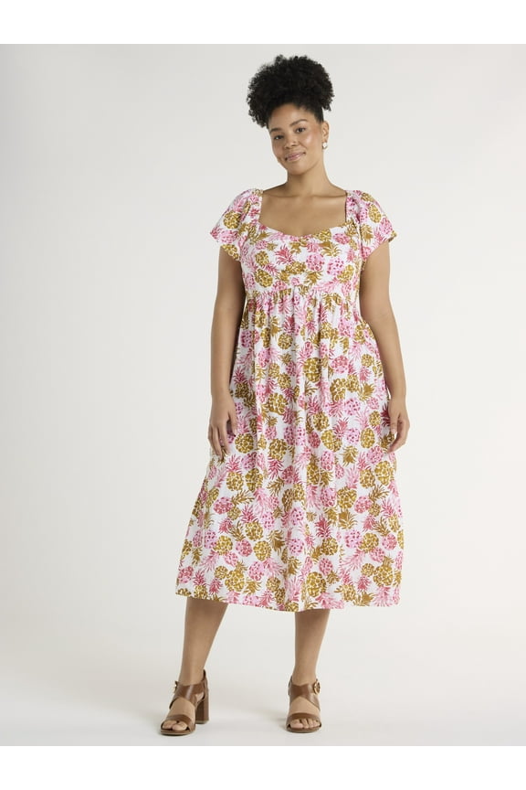 Women's Midi Dress with Flutter Sleeves, Sizes XS-XXXL