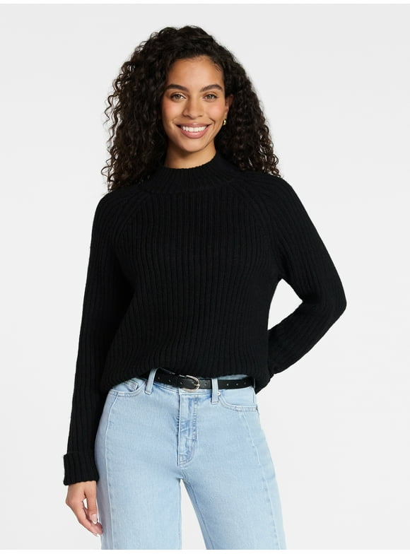 Women's Ribbed Mock Neck Sweater, Heavyweight, Sizes XS-XXXL
