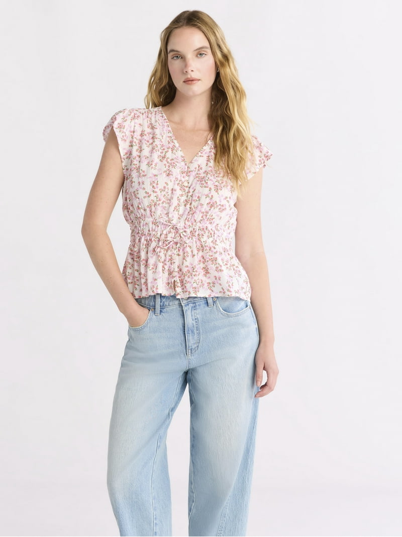Time and Tru Women's Peplum Top with Flutter Sleeves V-Neck