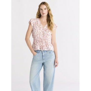 Time And Tru Women's Peplum Top with Flutter Sleeves, Sizes XS-XXXL