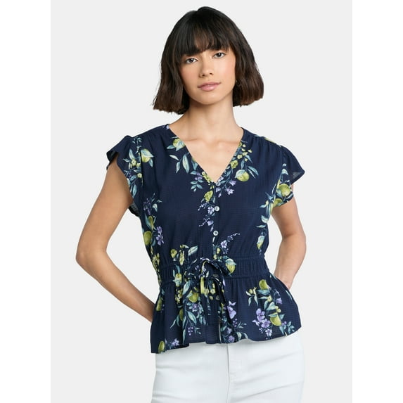 Time And Tru Women's Peplum Top with Flutter Sleeves, Sizes XS-XXXL