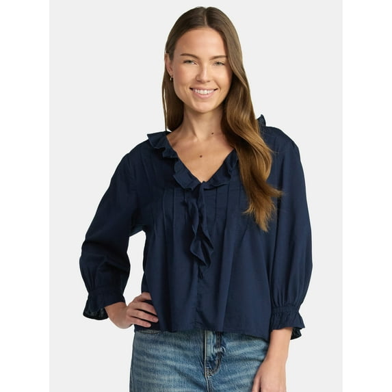 Time and Tru Women's Ruffle Neck Blouse with 3/4-Length Sleeves, Sizes XS-XXXL