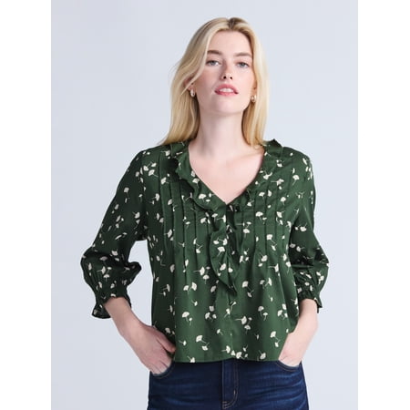 Time and Tru Women's Ruffle Neck Blouse with 3/4-Length Sleeves, Sizes XS-XXXL