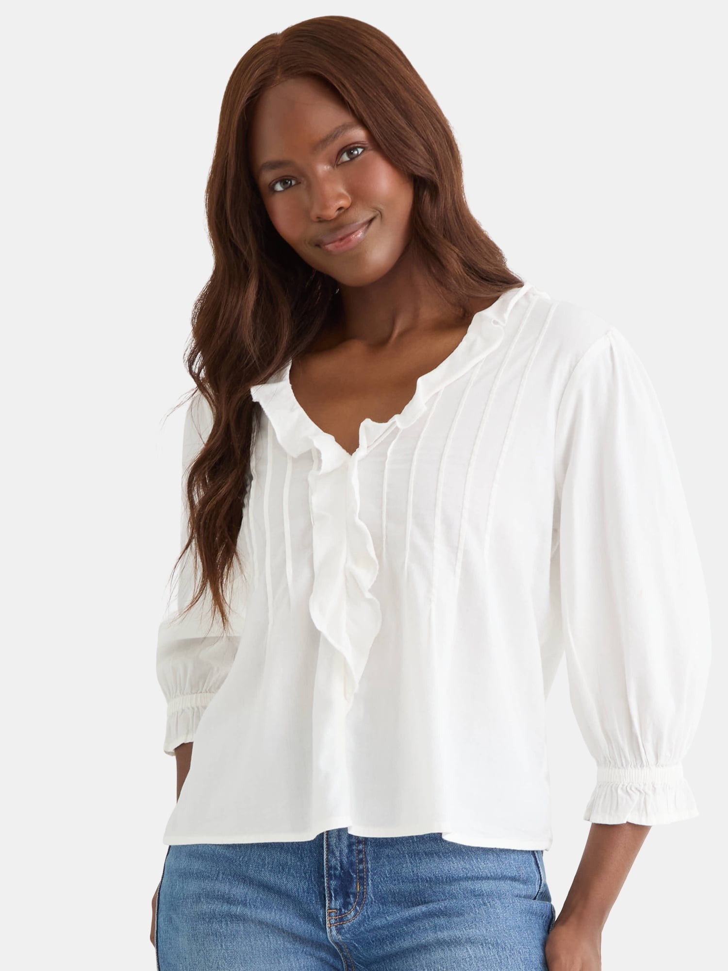 Time and Tru Women's Ruffle Neck Blouse with 3/4-Length Sleeves
