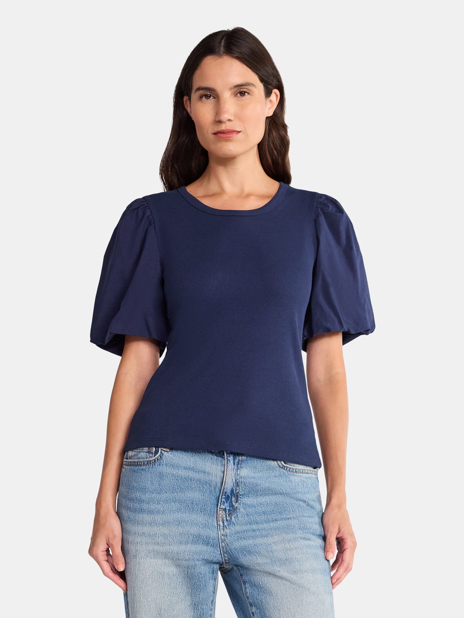 Women's Scoop Neck Mixed Media Top, Sizes XS-XXXL