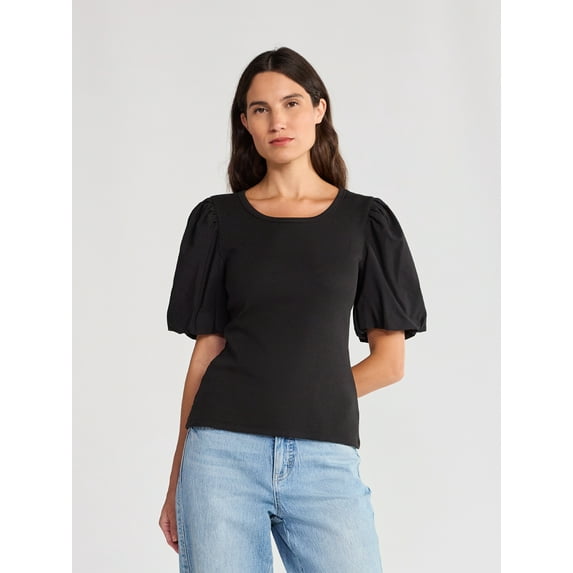 Time and Tru Women's Scoop Neck Mixed Media Top, Sizes XS-XXXL