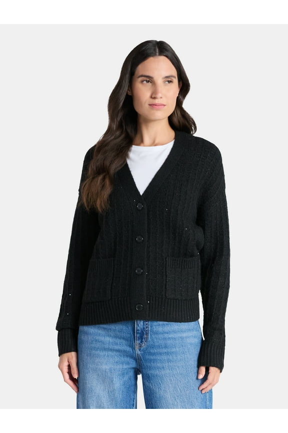 Women's Sequin Cardigan Sweater, Midweight, Sizes XS-XXXL