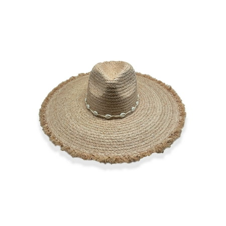 Time And Tru Women's Shell Fringe Straw Hat, OSFM, Natural