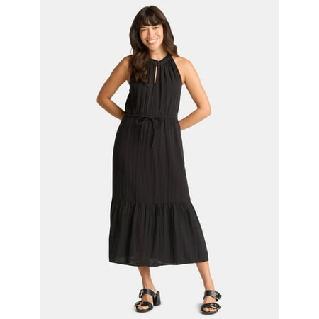Time and Tru Women's Cotton Double Cloth Tiered Midi Dress, Sizes XS-XXXL