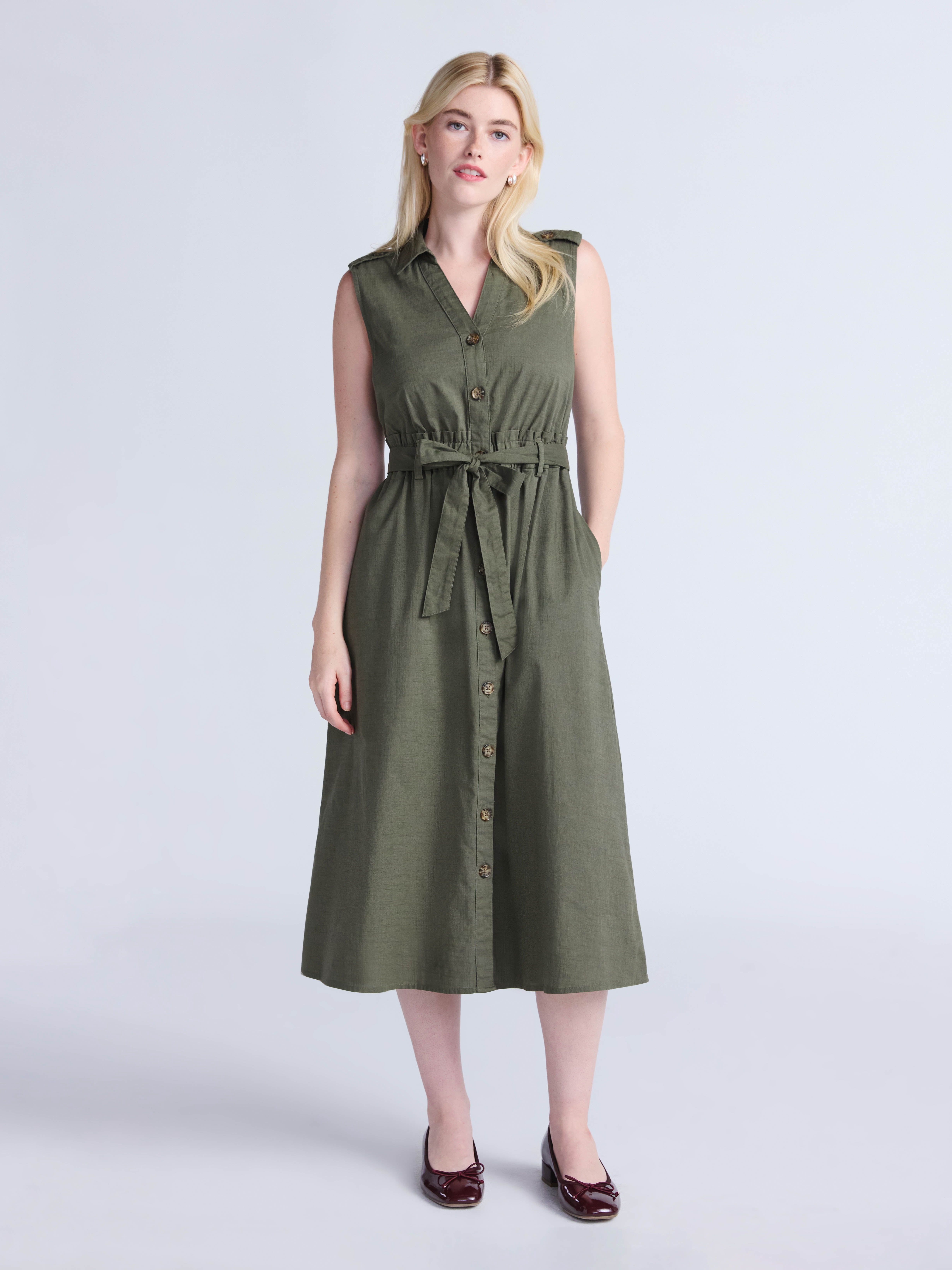 Time and Tru Women's Sleeveless Cotton Belted Midi Shirtdress, Sizes XS-XXXL