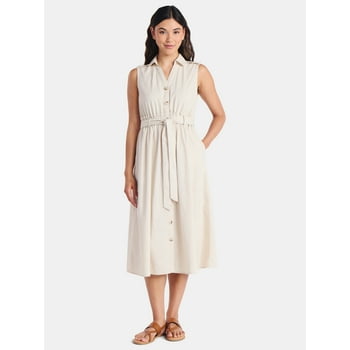 Time and Tru Women's Sleeveless Cotton Belted Midi Shirtdress, Sizes XS-XXXL
