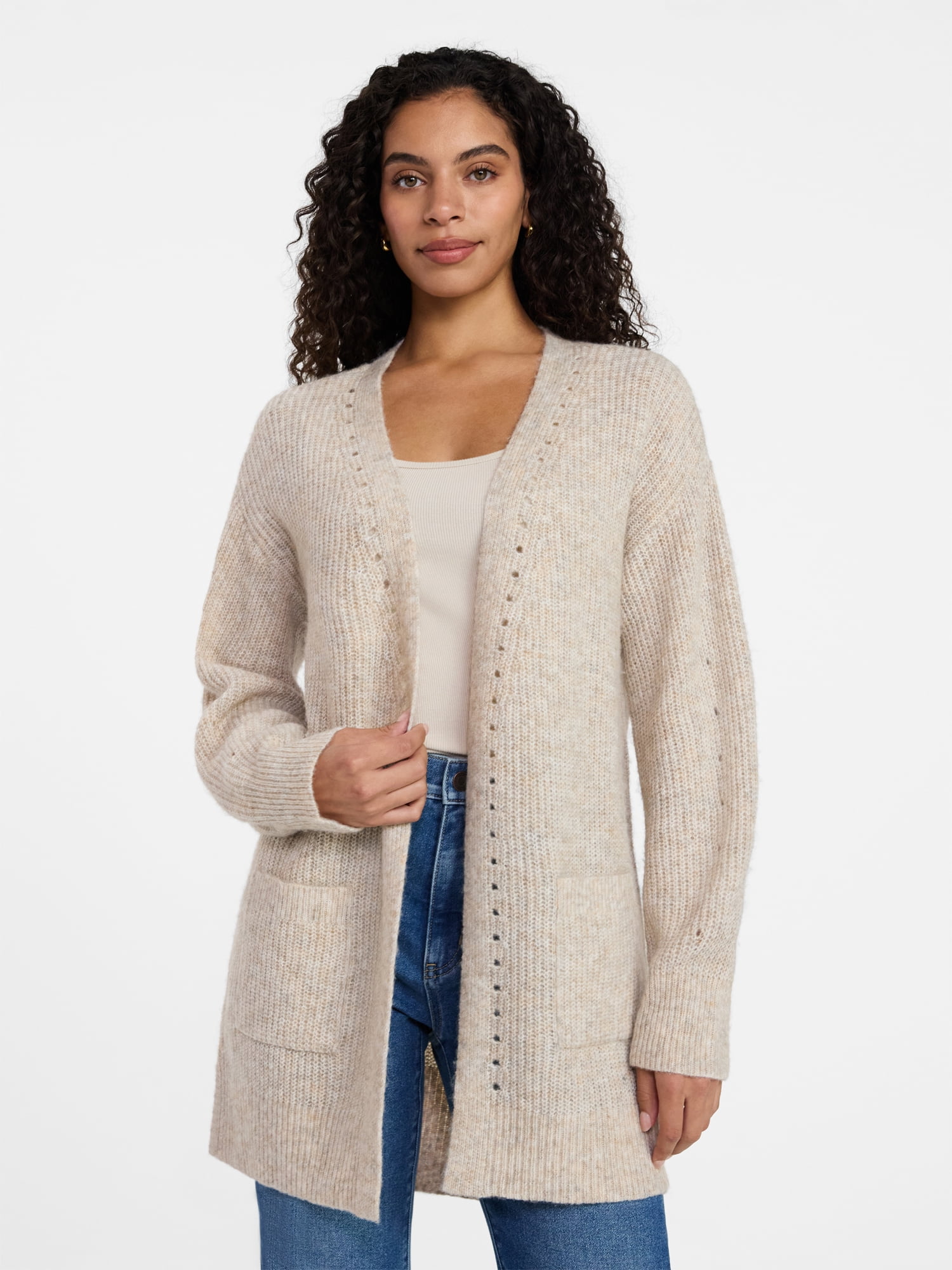 Time and Tru Women's Open Front Cardigan Sweater with Long Sleeves, Sizes XS-XXXL