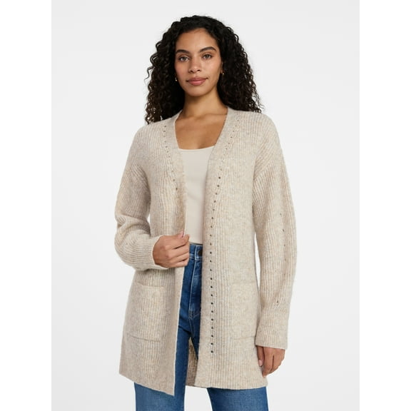 Time and Tru Women's Open Front Cardigan Sweater with Long Sleeves, Sizes XS-XXXL