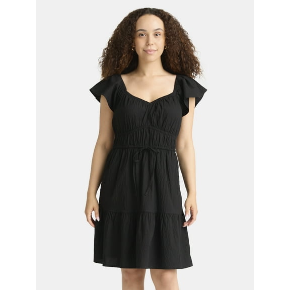 Time and Tru Women's Sweetheart Mini Dress with Flutter Sleeves, Sizes XS-3XL