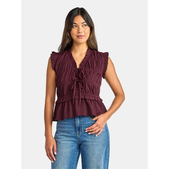 Time And Tru Women's Textured Tie Front Top, Sizes XS-XXXL