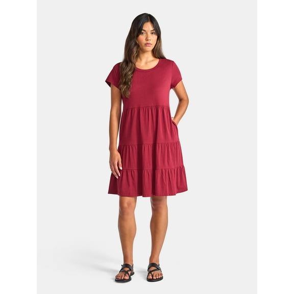 Time and Tru Women's Tiered Cotton Dress with Short Sleeves, Sizes XS-XXXL