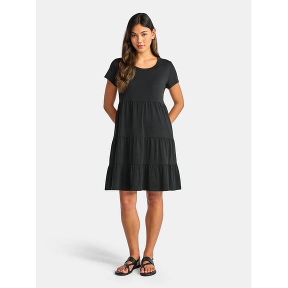 Time and Tru Women's Tiered Cotton Dress with Short Sleeves, Sizes XS-XXXL