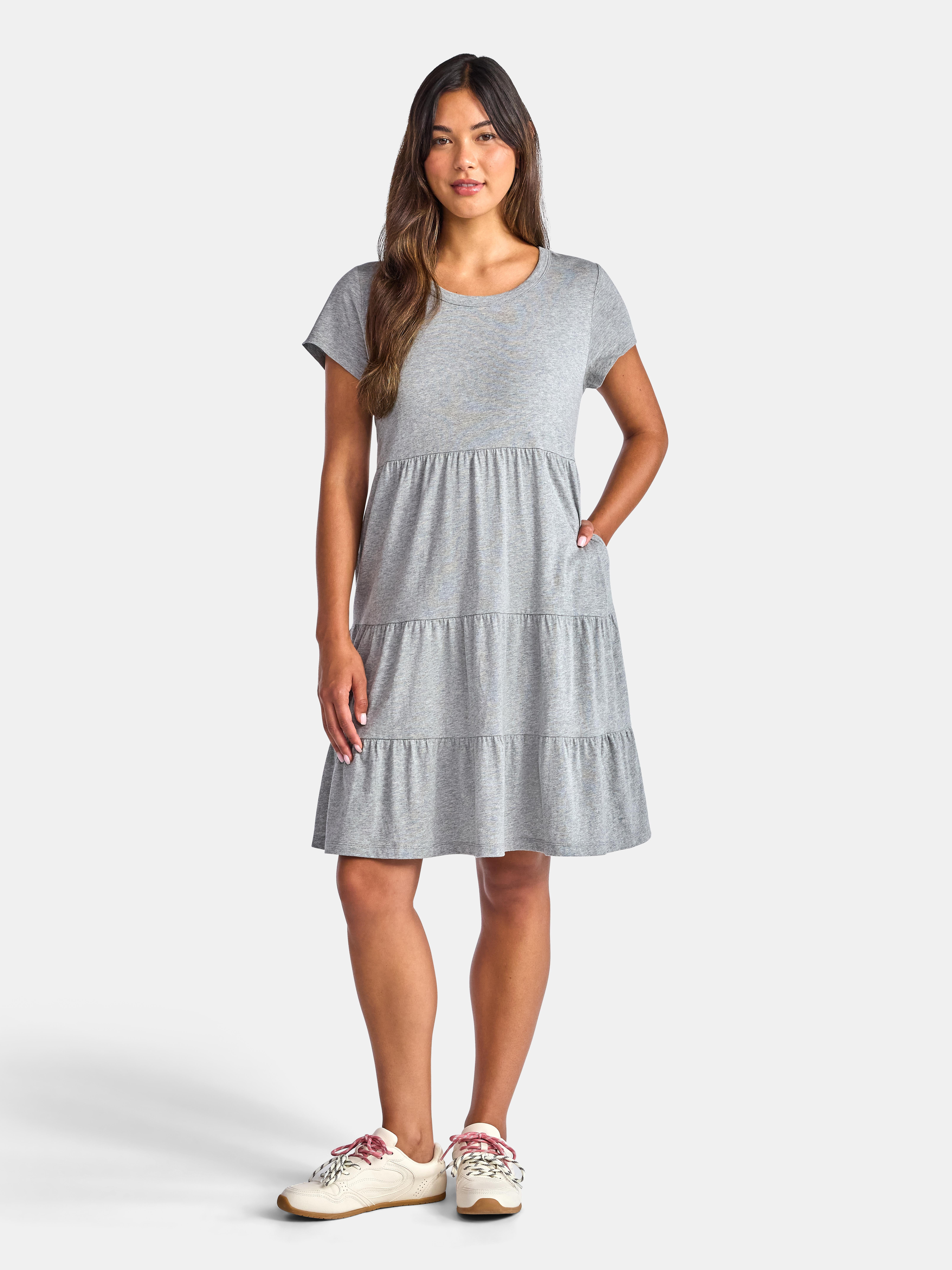 Time and Tru Women's Tiered Cotton Dress with Short Sleeves, Sizes XS-XXXL