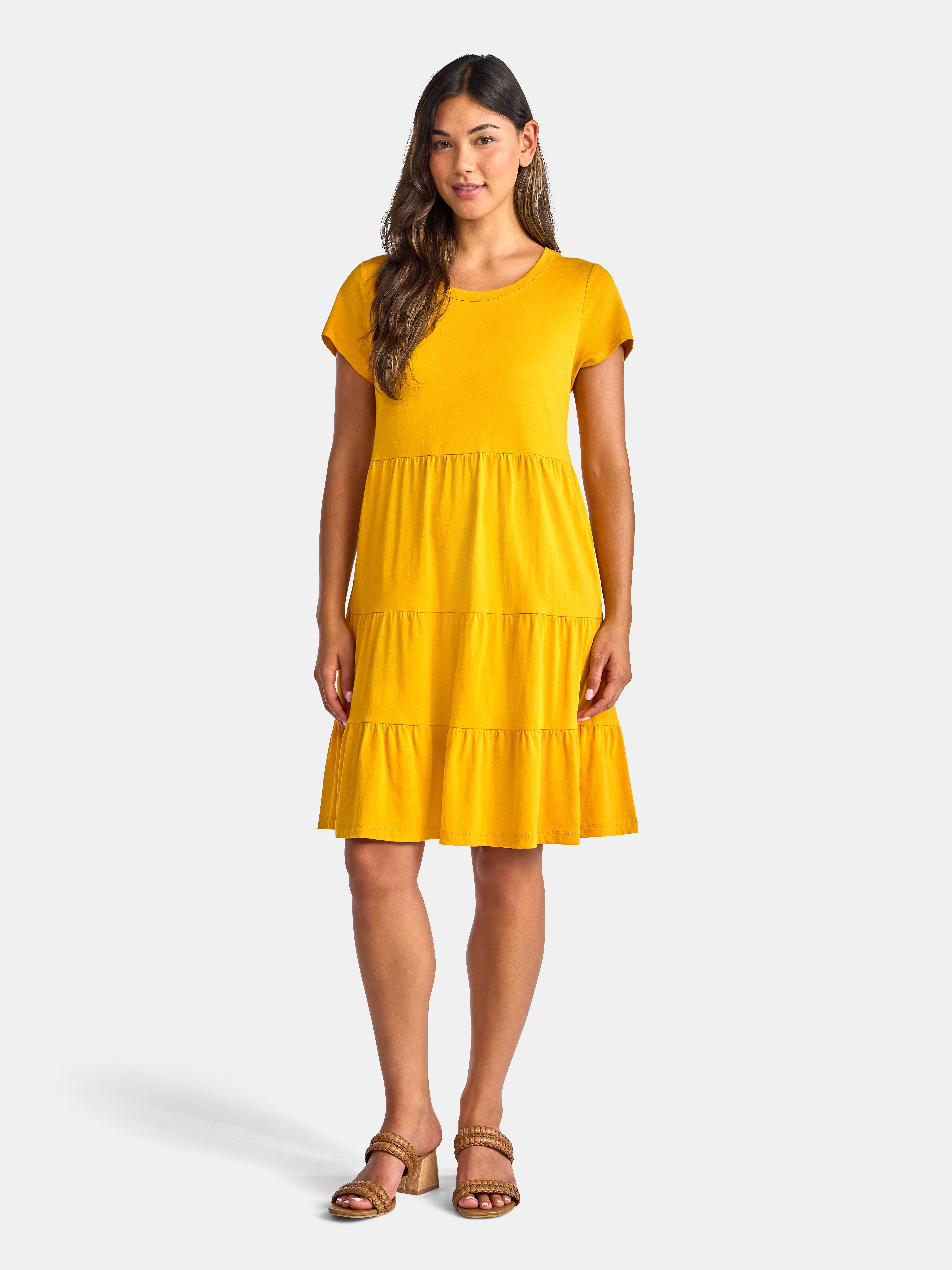 Time and Tru Women's Tiered Cotton Dress with Short Sleeves, Sizes XS-XXXL