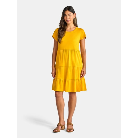 Time and Tru Women's Tiered Cotton Dress with Short Sleeves, Sizes XS-XXXL