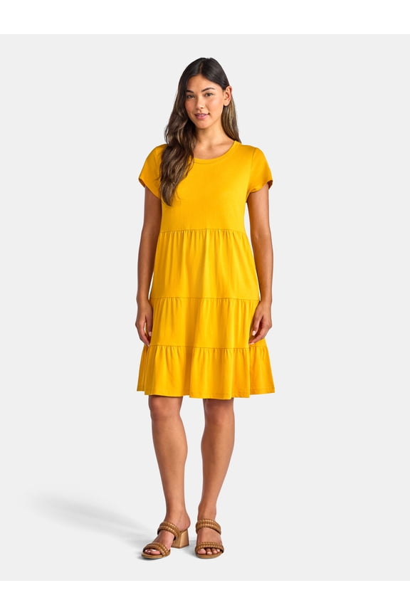 Women's Tiered Cotton Dress with Short Sleeves, Sizes XS-XXXL
