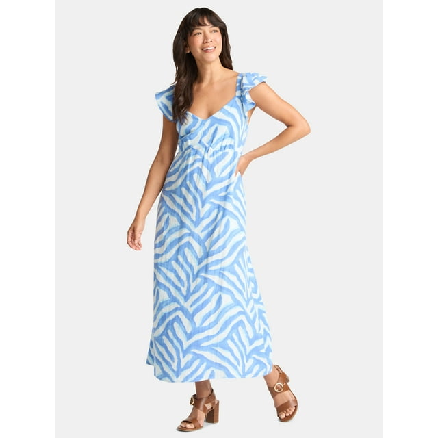 Time and Tru Women's Cotton Midi Dress with Flutter Sleeves, Sizes XS-XXXL