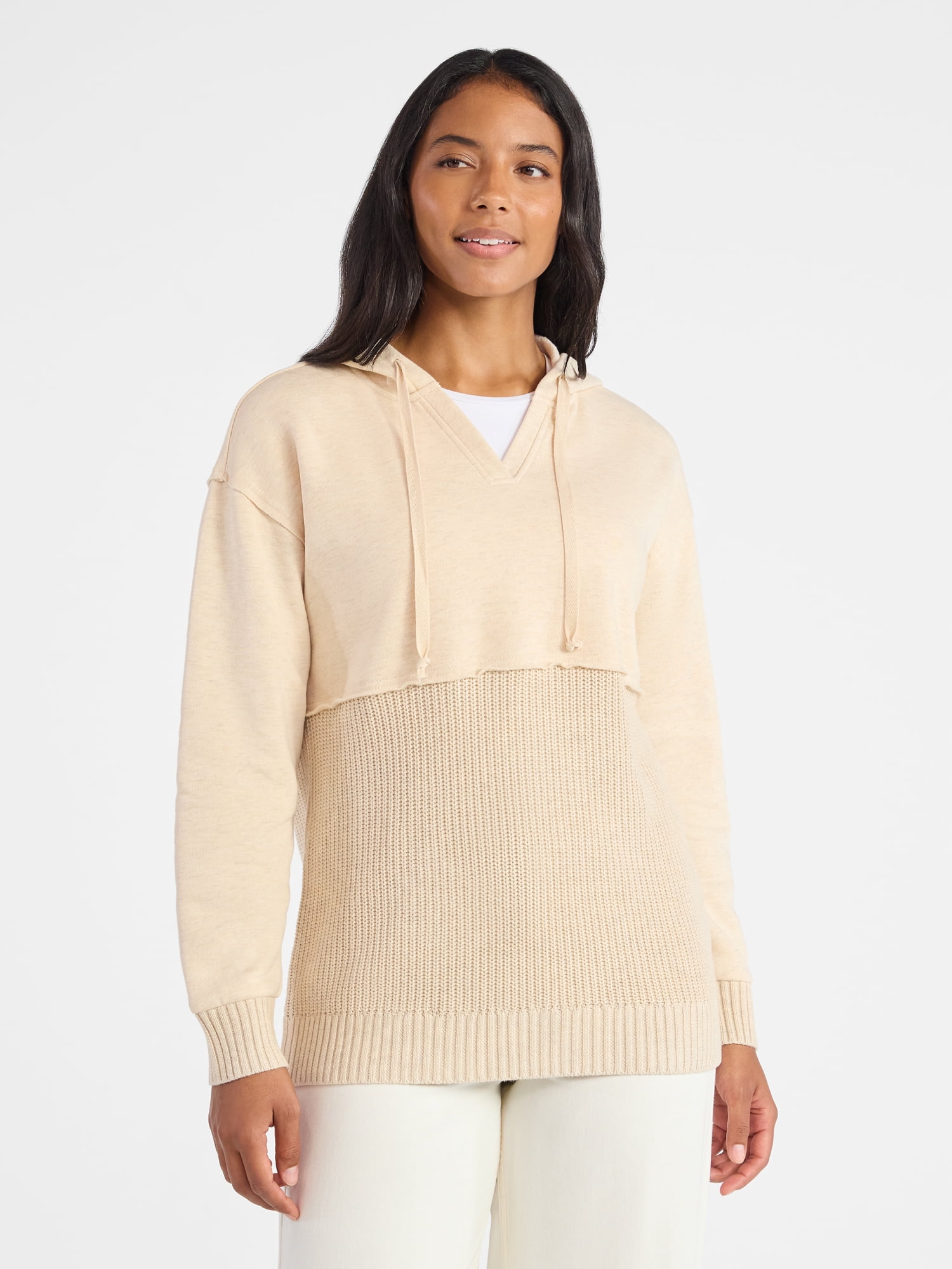 Time and Tru Women's and Women's Plus Fashion Mixed Media Hoodie, Sizes XS-4X