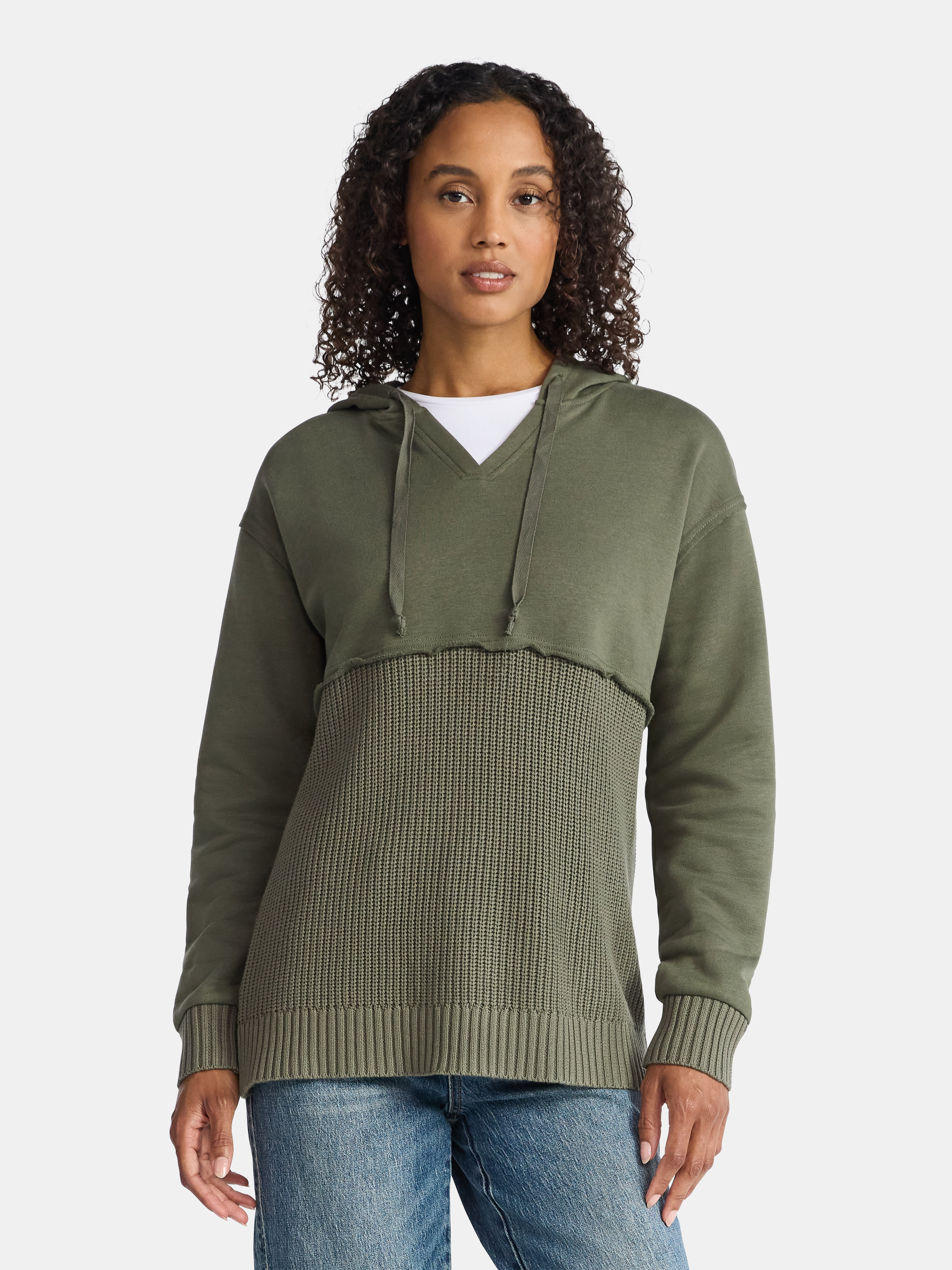 Time and Tru Women's and Women's Plus Fashion Mixed Media Hoodie, Sizes XS-4X