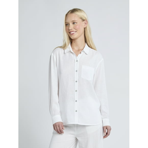 Time And Tru Women's and Women's Plus Linen Oversized Shirt with Long-Sleeves, Sizes XS-4X