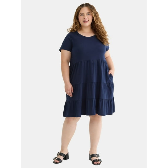 Time and Tru Women's and Women's Plus Tiered Cotton Mini Dress, Sizes XS-4X