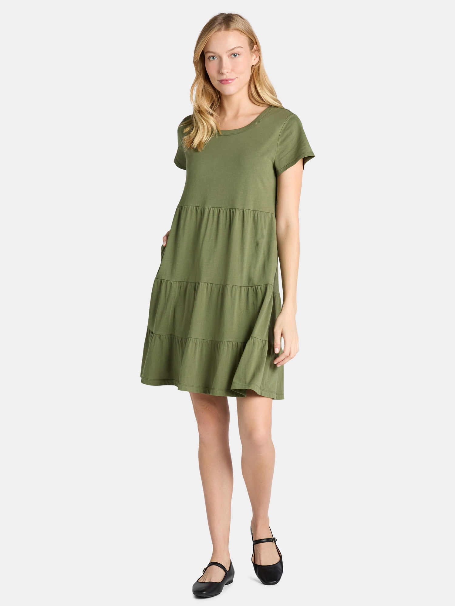 Time and Tru Women's and Women's Plus Tiered Cotton Mini Dress, Sizes XS-4X