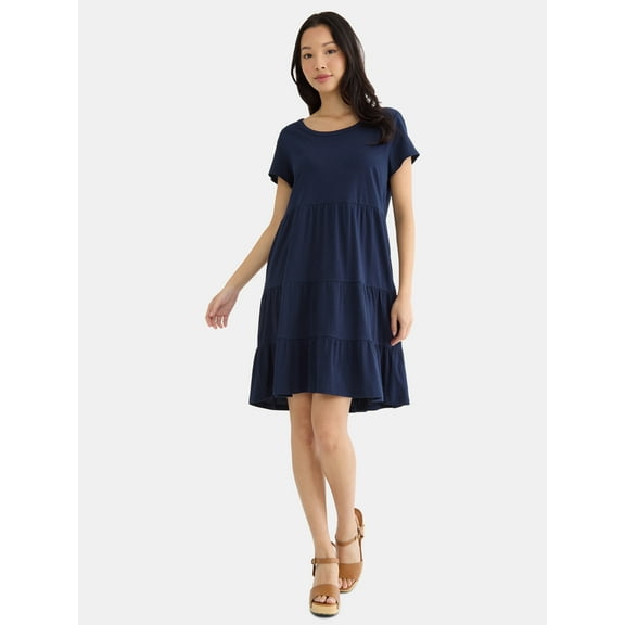 Time and Tru Women's and Women's Plus Tiered Cotton Mini Dress, Sizes XS-4X