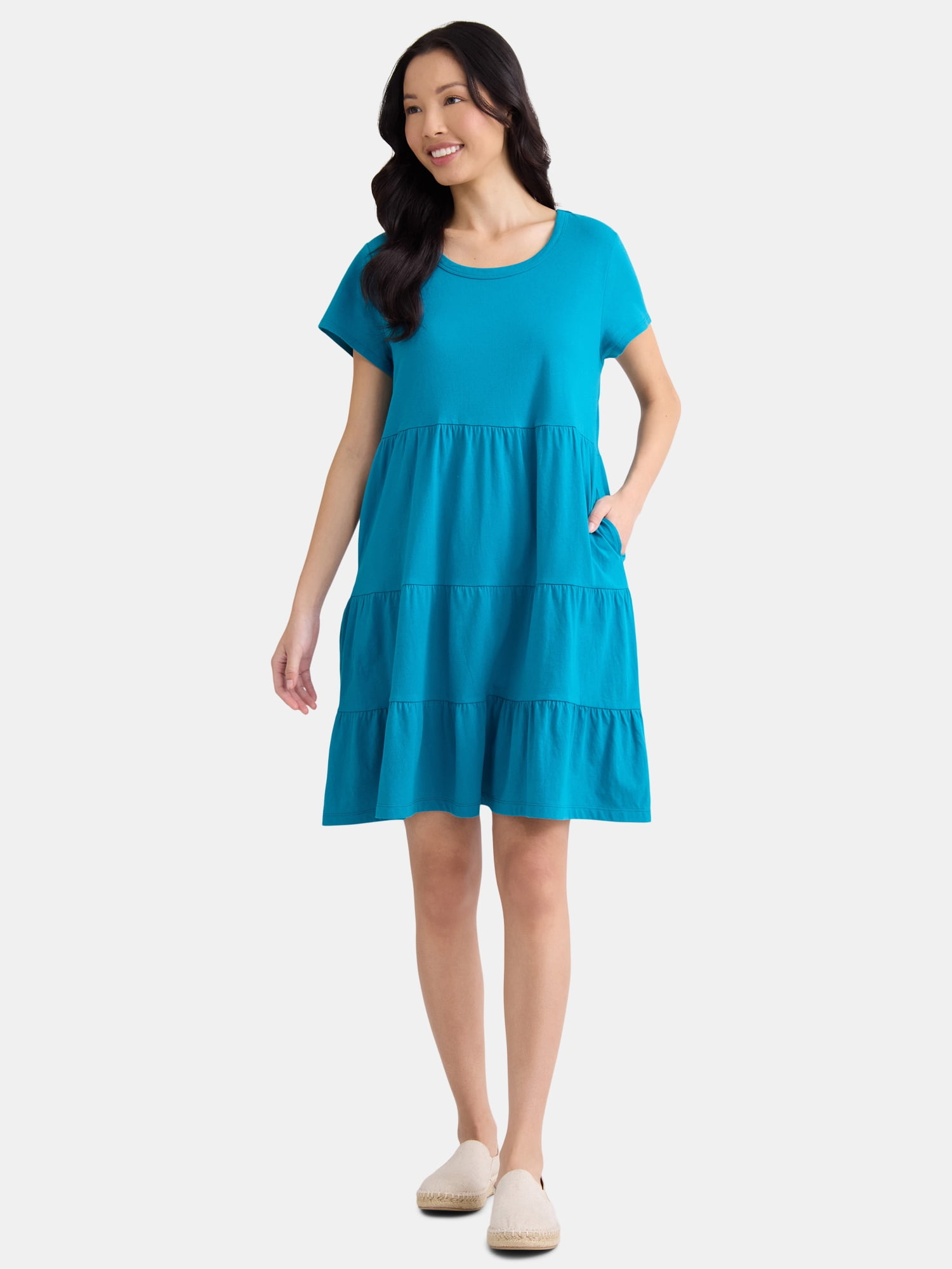 Time and Tru Women's and Women's Plus Tiered Cotton Mini Dress, Sizes XS-4X