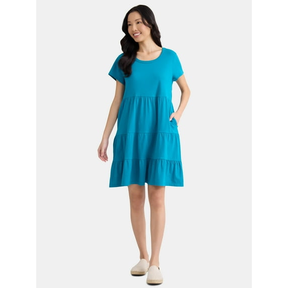 Time and Tru Women's and Women's Plus Tiered Cotton Mini Dress, Sizes XS-4X