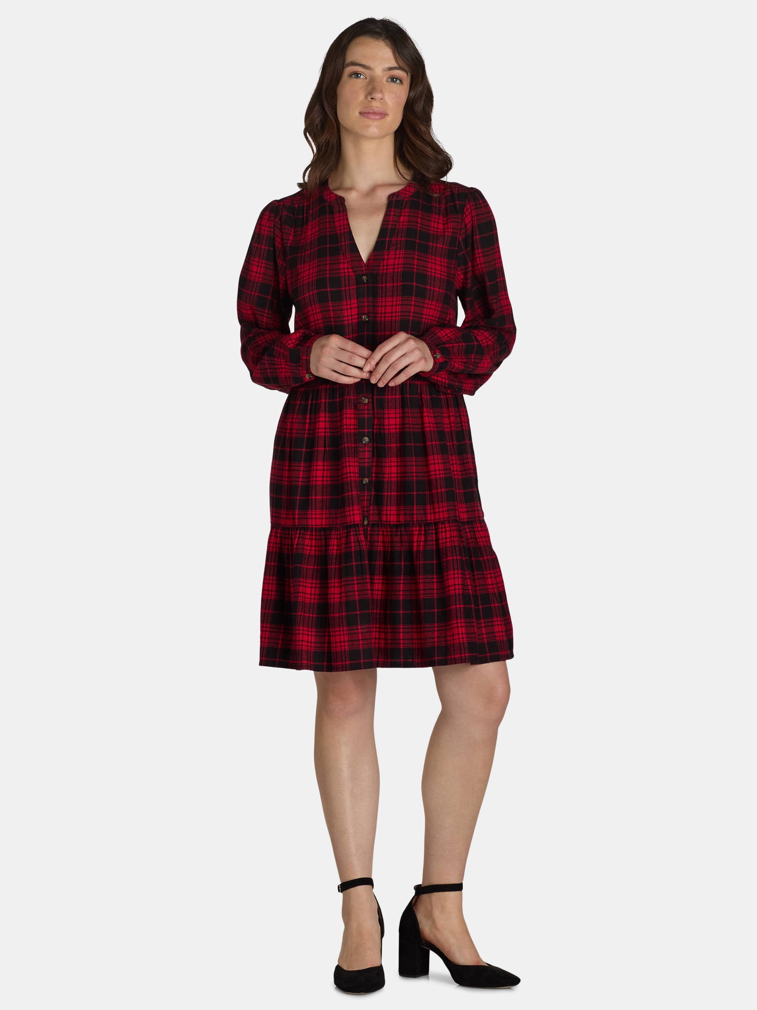 Time And Tru Women's and Women's Plus Tiered Plaid Shirt Dress, Sizes XS-4X