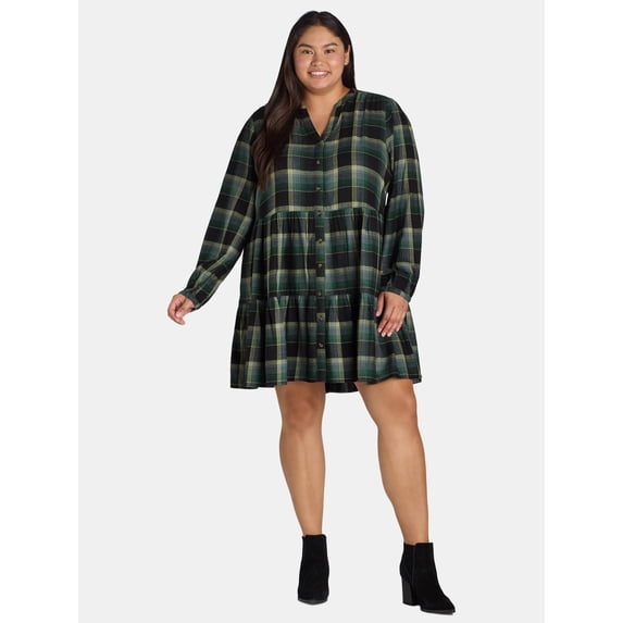 Time And Tru Women's and Women's Plus Tiered Plaid Shirt Dress, Sizes XS-4X