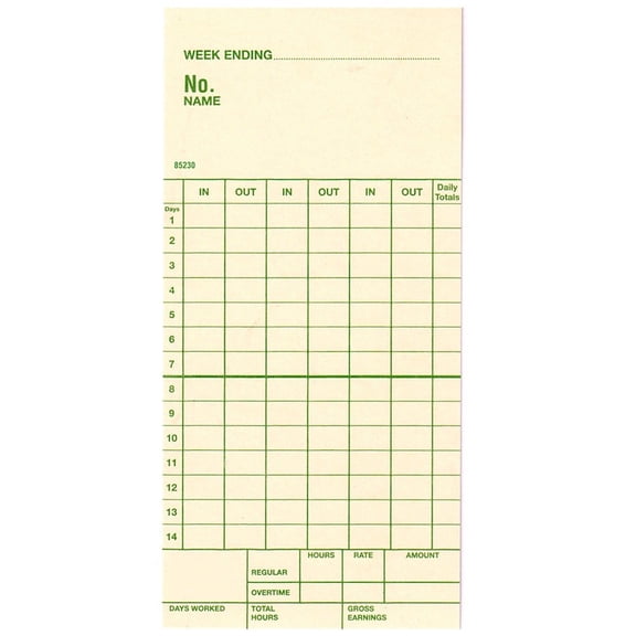 Time Card for Simplex Centennial, Replaces Simplex Form 1950-9143 (1000 ct) 3-3/8 Width, 14 Day, Form 85230