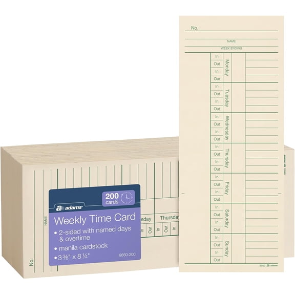 Time Cards, Weekly, 2-Sided, Overtime Format, 3-3/8" x 8-1/4", Manila, Green/Red Print, 200-Count (9660-200)