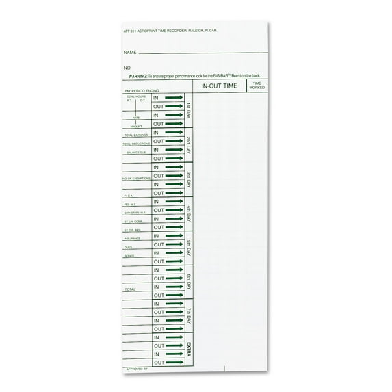 Time Clock Cards For Acroprint Att310, One Side, 4 X 10, 200/pack | Bundle of 5 Packs