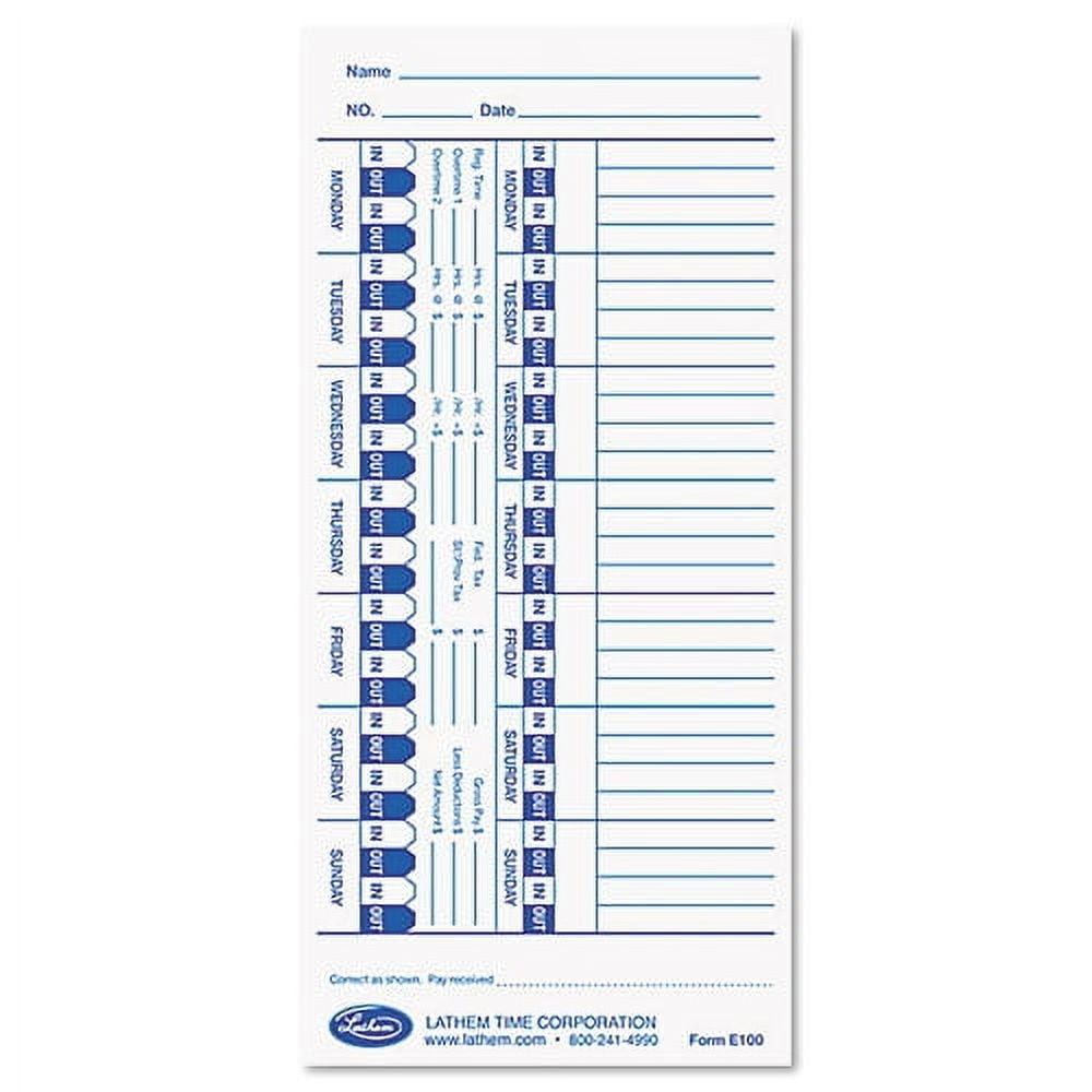 Time Clock Cards for Lathem Time E Series, One Side, 4 x 9, 100/Pack Time Clock Cards for Lathem Time E Series, One Side, 4 x 9, 100/Pack