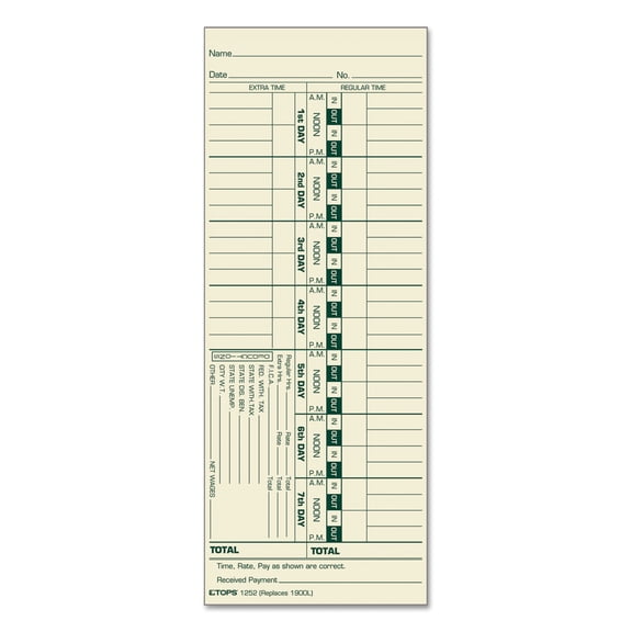 TOPS Time Card for Acroprint and Lathem, Weekly, 3 1/2 x 9, 500/Box (1252)