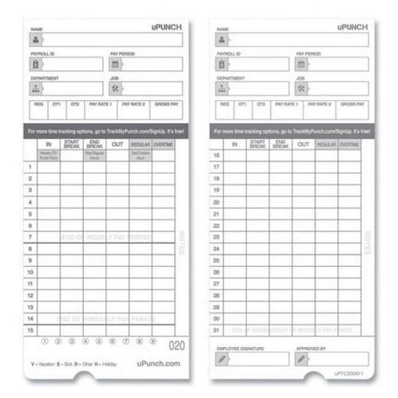 Time Clock Cards for uPunch HN4000 - Two Sides - 7.37 x 3.37 in. - Pack of 50