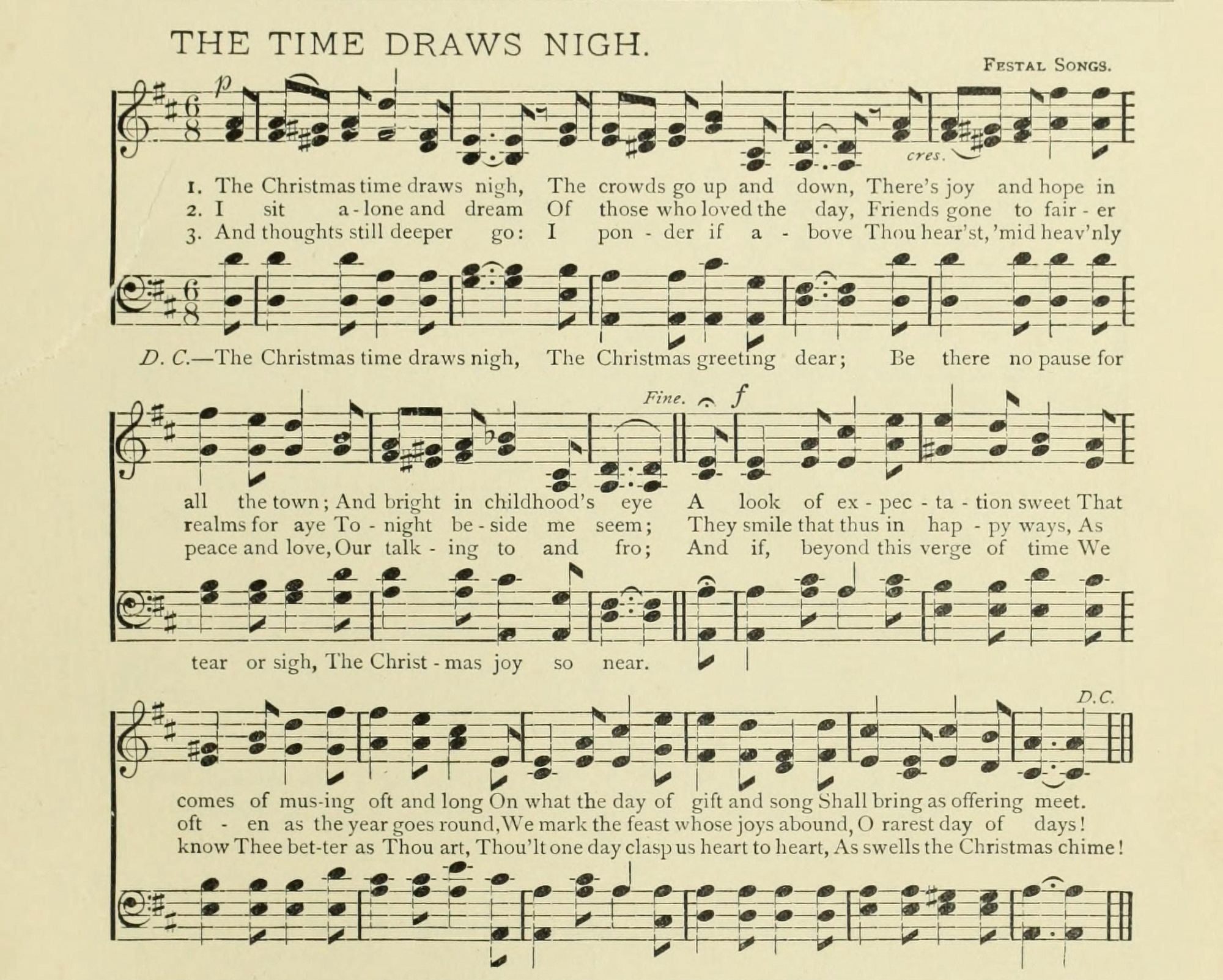 Time Draws Nigh Christmas in Song 1891 Stretched Canvas - (18 x 24)