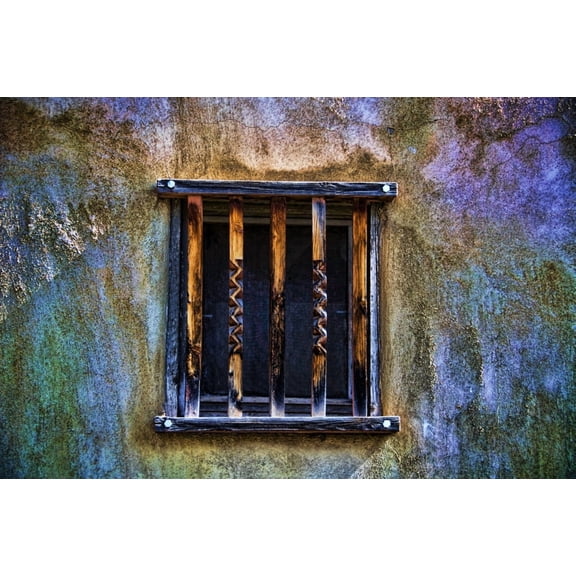 Time Fades Away New Mexico Rustic Colorful Details In Barred Window And Adobe Wall Canvas Art - Ray Laskowitz Design Pics (17 x 11)