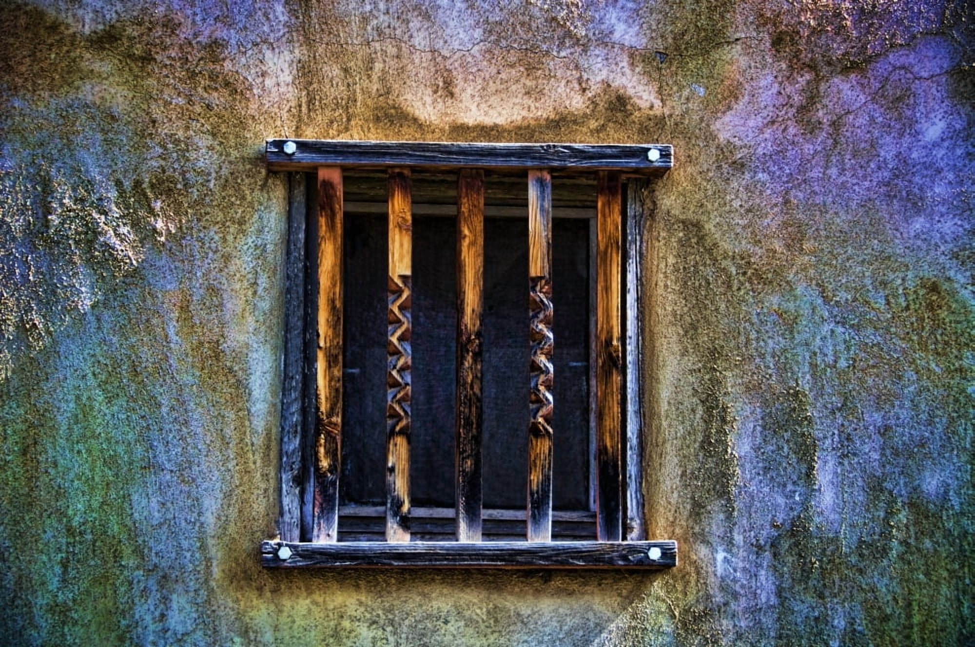Time Fades Away New Mexico Rustic Colorful Details In Barred Window And Adobe Wall Canvas Art - Ray Laskowitz Design Pics (34 x 22)