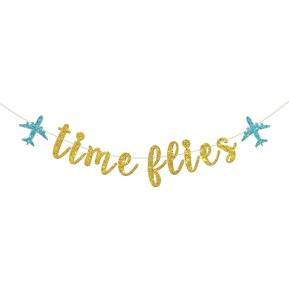 Time Flies Banner - Happy Birthday Party - Happy Retirement - How Time Flies Party Bunting Decorations, Gold Glitter