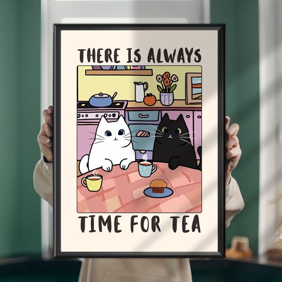 Time For Tea Cat Poster, Cute Kitchen Art, Unframed Paper Poster 16x20in
