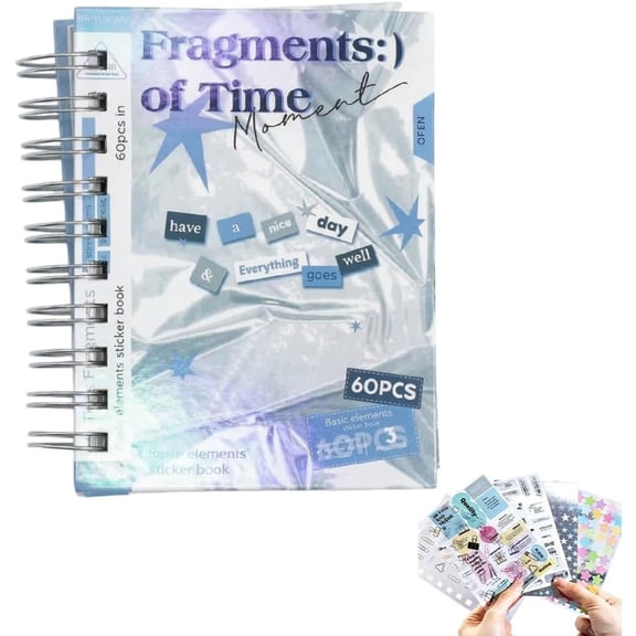 Time Fragment Sticker Book 60 Sheets, Korean Ins Style Y2K Retro Dreamcore PET Sticker Set with Matte Glossy Holographic Finishes, for Journaling Scrapbook Laptop DIY Craft(wwx)