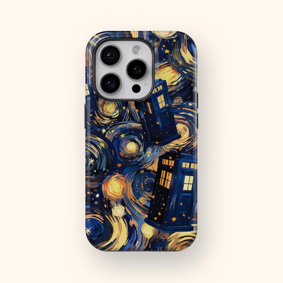 Time Machine Inspired Blue Police Box Phone Case Galaxy Artwork Cover for iPhone 17 16 15 14 13 12 11 Pro Max